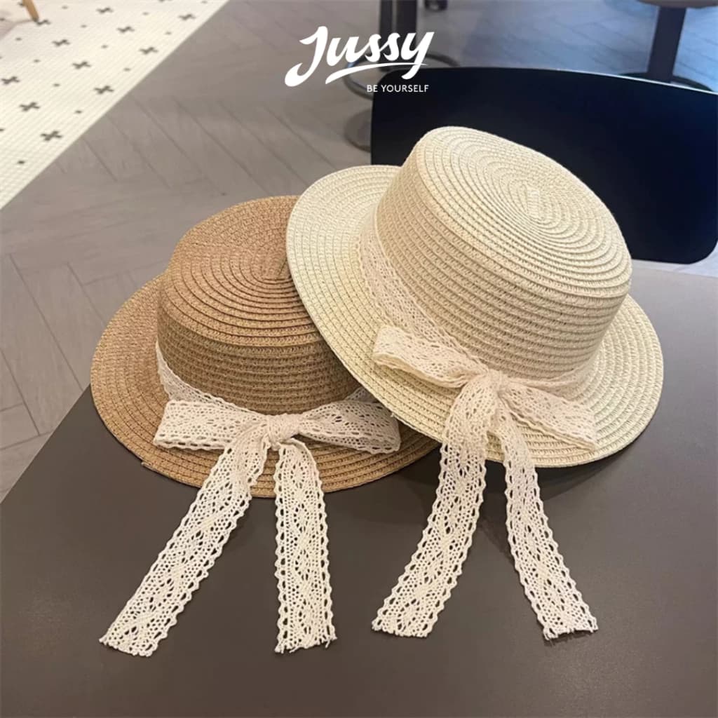 Mũ Cói Rộng Vành Nơ Ren Jussy Official JCB17 Chất Cói Đan Kiểu Nón Boater Đầu Bằng Form Đẹp Tặng Kèm Hộp Đựng Nón