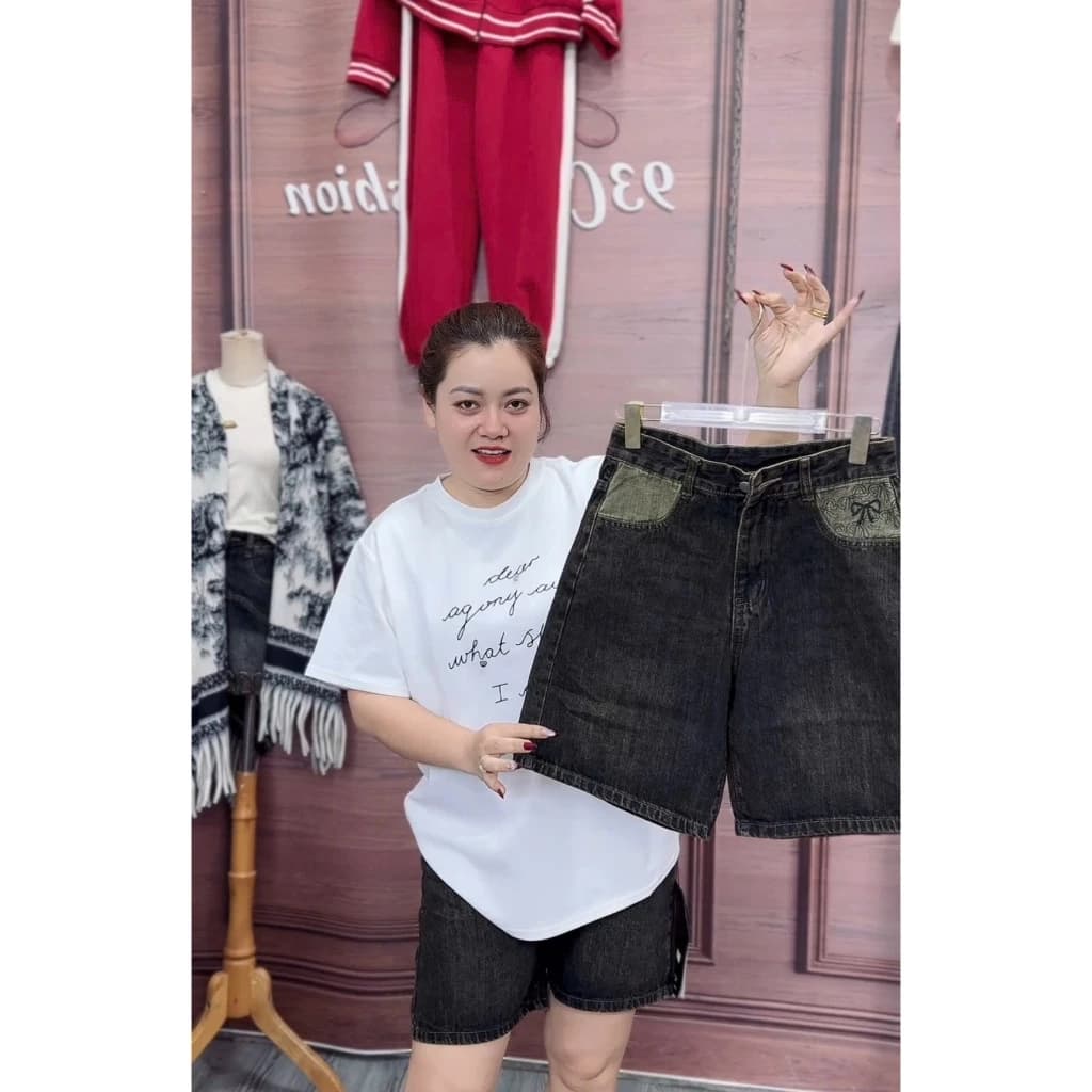 [BIGSIZE 85KG] 3901 Quần Jean Nữ Ngố Lửng Ống Rộng Cạp Cao Túi Thêu Nơ, quần cộc ngang đùi lưng cao phong cách thể thao