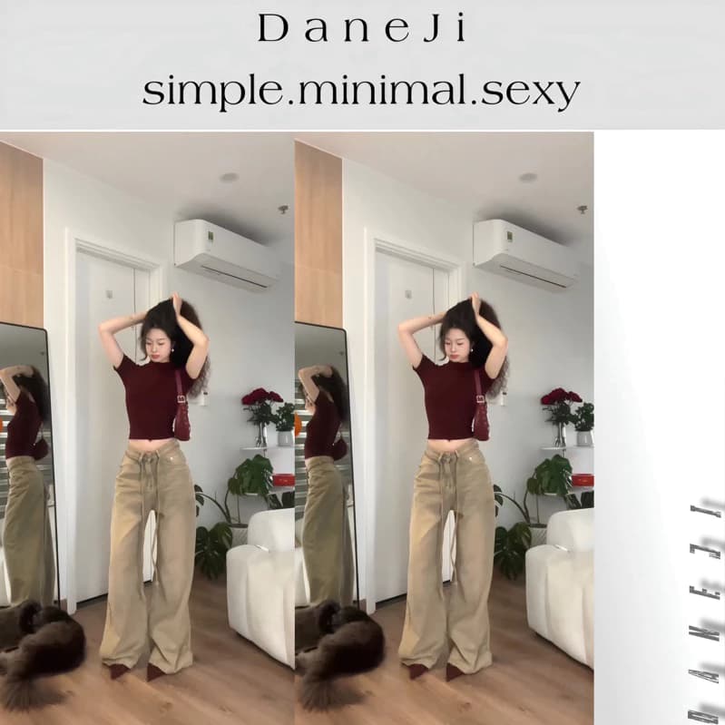 [ 𝐂𝐈𝐌𝐘 𝐅𝐈𝐓𝐒 ] Set Áo slimtee DANEJI cổ cao tay lở siêu ôm - Jeans Bụi Vàng ống rộng basic hằng ngày [ ĐỌC KỸ MÔ TẢ ]