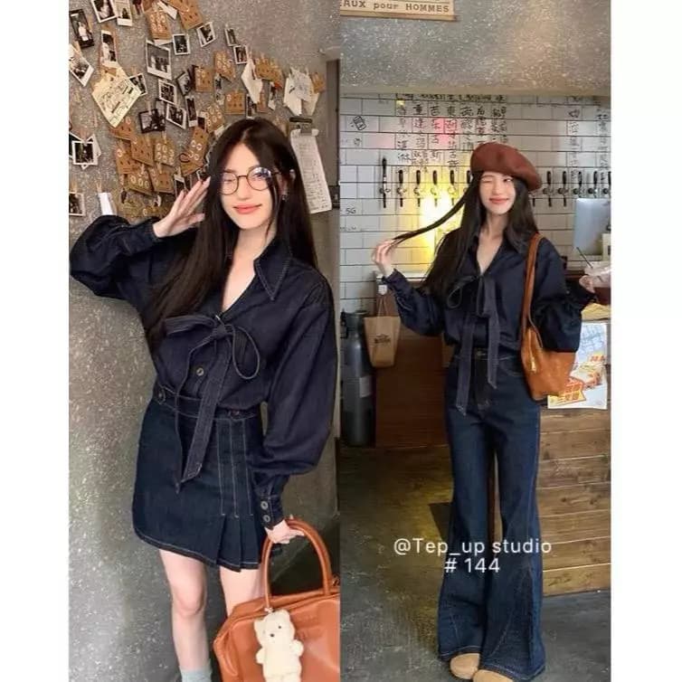 🍒 SET ÁO JEAN CỘT NƠ CỔ QC XINH 🔥𝐇𝐨𝐚̉ 𝐓𝐨̂́𝐜🔥 𝐌𝐄𝐎𝐈𝐍𝐃𝐀𝐇𝐎𝐔𝐒𝐄