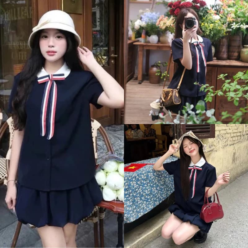 [Hàng xịn loại 1] Set bộ xanh than áo sơ mi cổ sen kèm nơ Thome kèm chân váy bí phồng tiểu thư MS19
