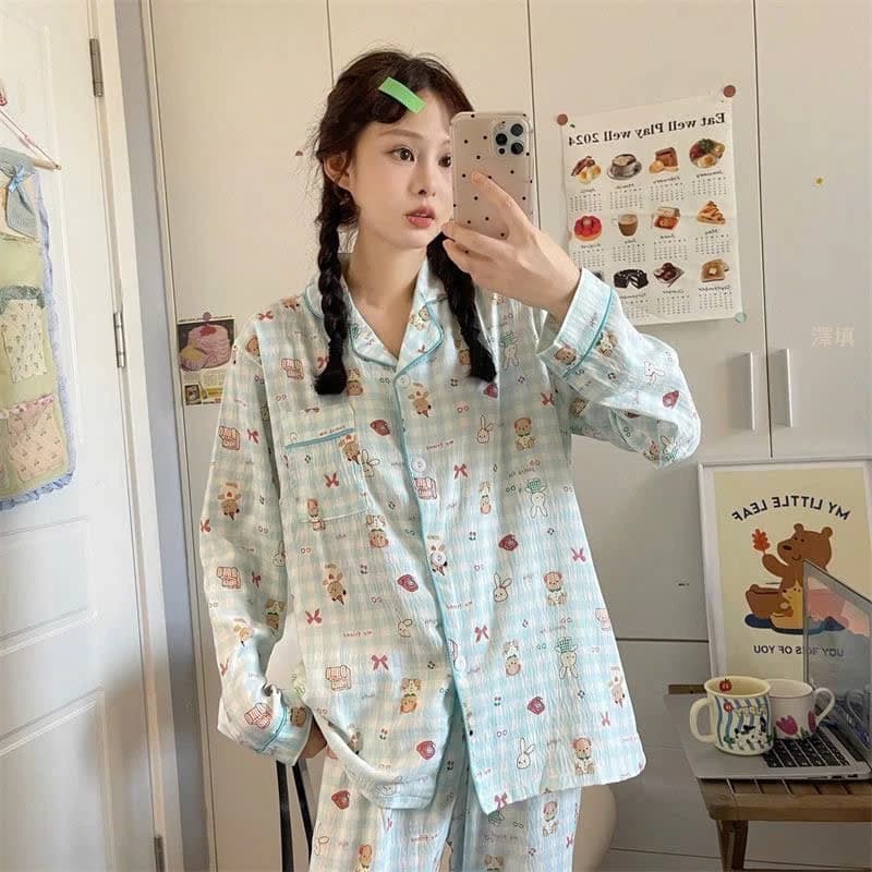 MEIQUIYI  Pyjama nữ mùa hè mẫu tay dài in hoạ tiết hoạt hình