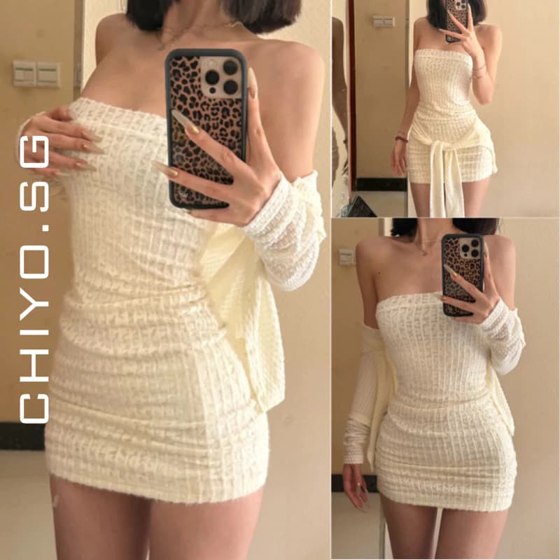 Set đầm ống ren hoa đi biển CHIYO.SG kèm áo khoác len ngoài sang chảnh S169