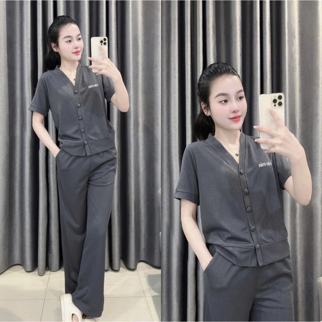 [CỘC TAY- MIN THÊU CÚC BỌC] Sét áo cộc tay+ quần suông dài chất nỉ tăm. Đủ size SMLXL 40kg-70kg