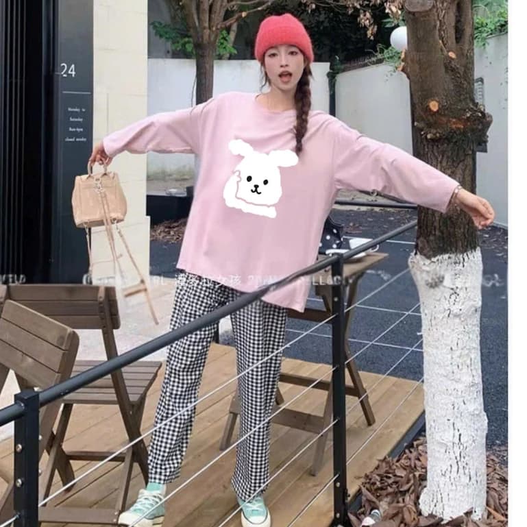 Sét nữ tay dài mùa hè Menina_studio, sét nữ áo tay dài thun giấy quần suông ống rộng style Hàn Quốc