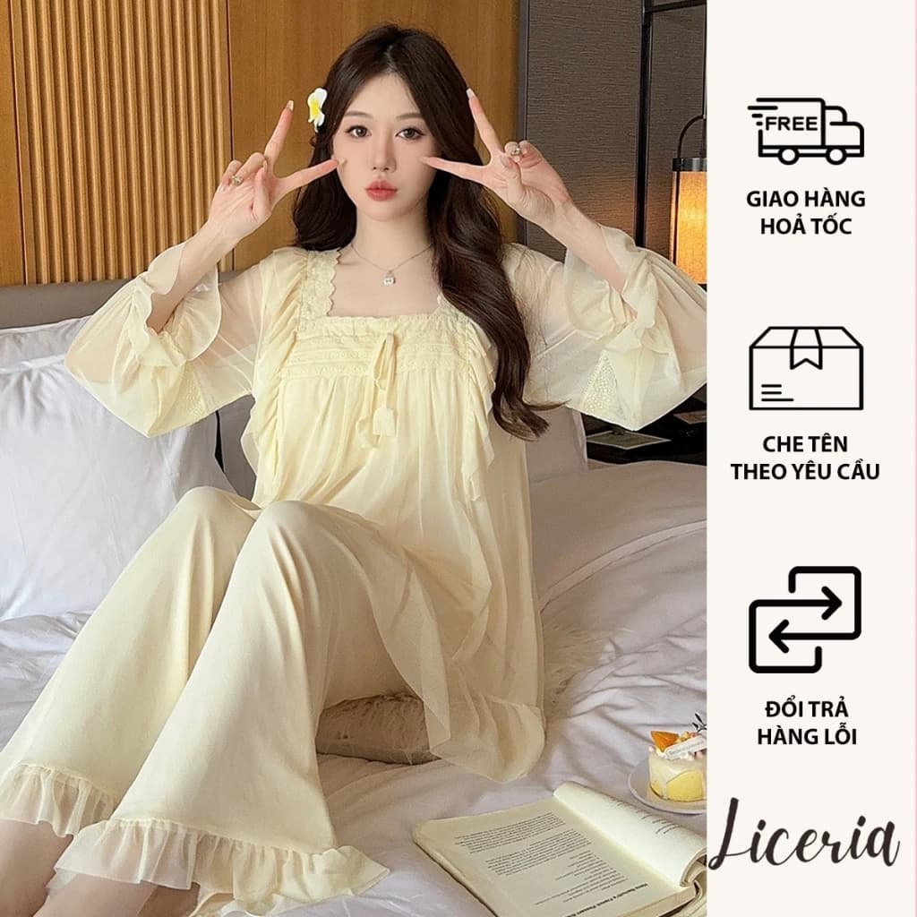Bộ Đồ Ngủ Áo Dài Quần Lửng LICERIA Cổ Vuông Chất Voan Lưới Mềm Mại Có Đệm Ngực Phong Cách Tiểu Thư Các Tính.