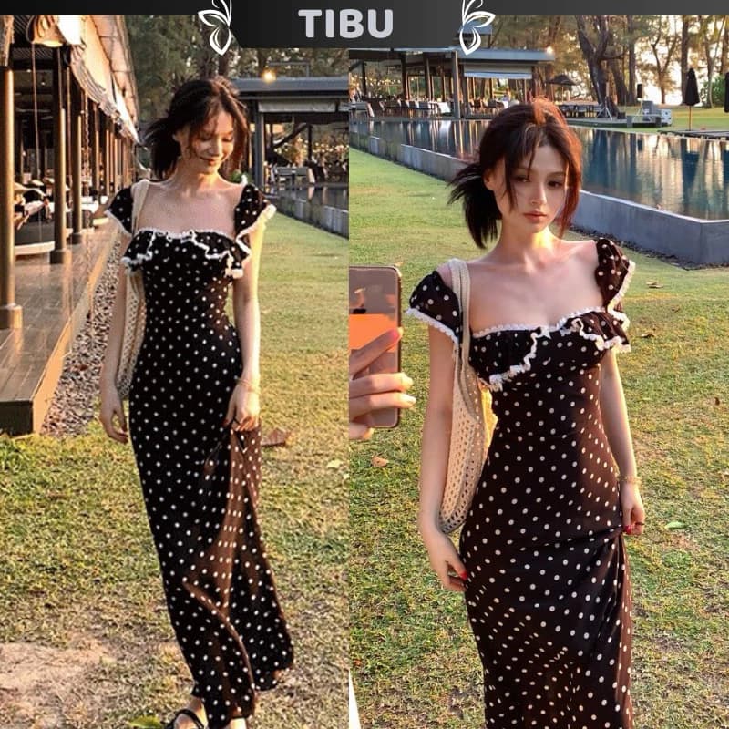 Đầm Maxi Cánh Tiên Viền Bèo Ren Chấm Bi TIBU Đầm Nữ Đen Trắng Dáng Dài Sang Chảnh Đi Chơi Biển Tôn Dáng D392