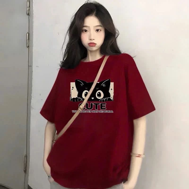Áo thun phông nữ 3158 form rộng KONOVA chất liệu cotton 250GSM thoáng mát thấm mồ hôi in hình MÈO