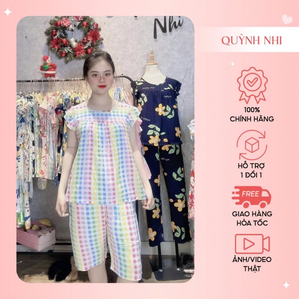 Đồ bộ tole vải lanh mặc nhà Quỳnh Nhi, lửng tay cánh tiên, Họa tiết caro,Vải mềm thoáng mát  - TL144