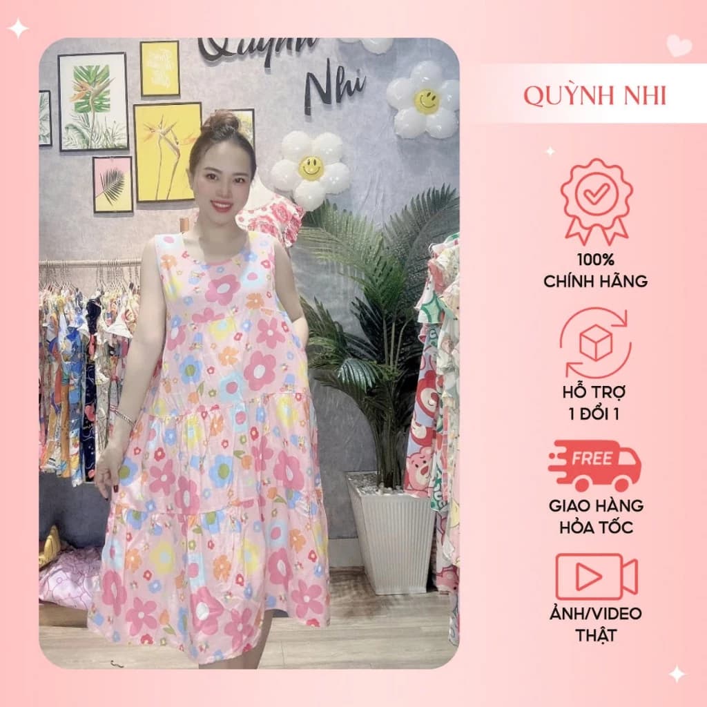 Đầm mặc nhà Quỳnh Nhi, Chất liệu Tole Lanh thoáng mát, Thiết kế hiện đại hoạ tiết  in hình cá tính - VAY21