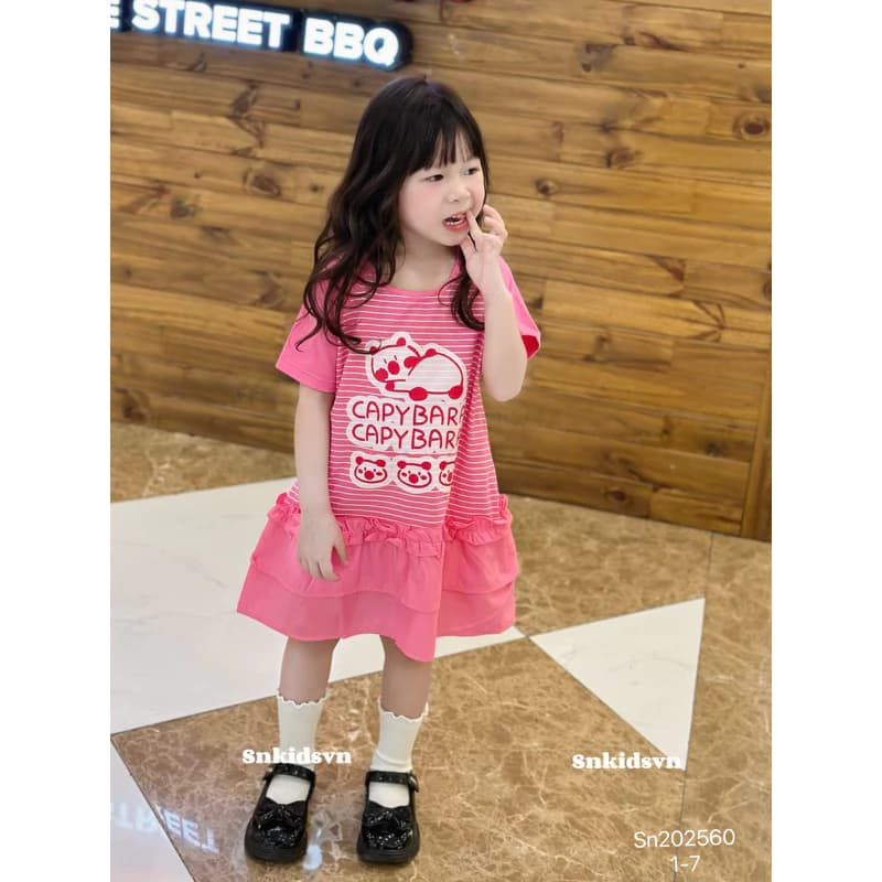 quần áo trẻ em, váy cotton hồng phối thô gấu dâu capy bara cho bé gái