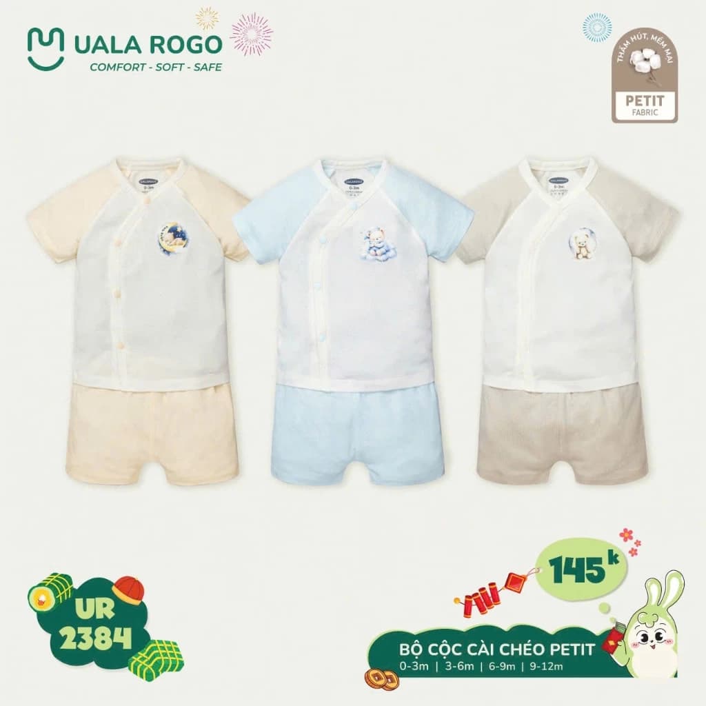 Bộ cộc sơ sinh Uala Rogo vải petit mềm mịn thoáng mát thấm hút ngắn tay cài chéo họa tiết cho bé trai bé gái 2384 2166