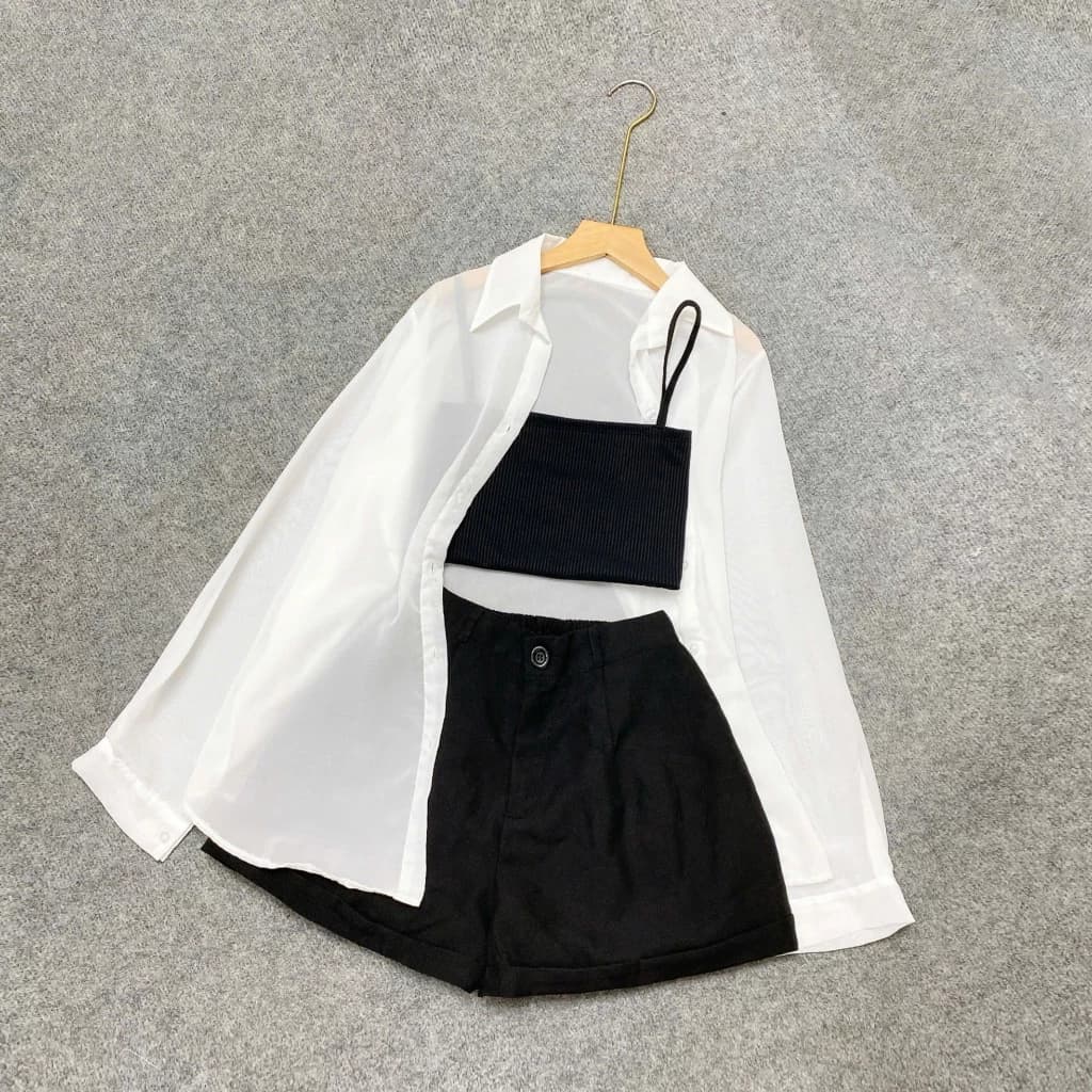 Set Bộ 3 Món Bigsize Nữ Gồm Áo Sơ Mi Voan Mỏng Kèm áo Dây Và Quần Đùi Lưng Cao Basic Cá Tính SET967