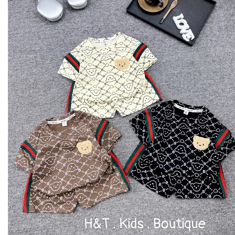 BỘ QUẦN ÁO GẤU IN TRÀN THÂN PHỐI BO CHO BÉ TRAI BÉ GÁI 8-18KG