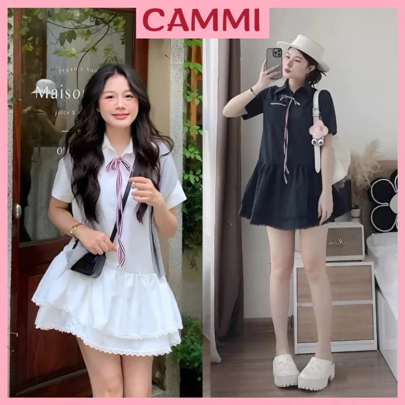 [TẶNG QUẦN BẢO HỘ] Váy Sơ Mi Babydoll Dáng Ngắn 2 Tầng Phối Viền Ren Đính Dây Nơ Thome HV275