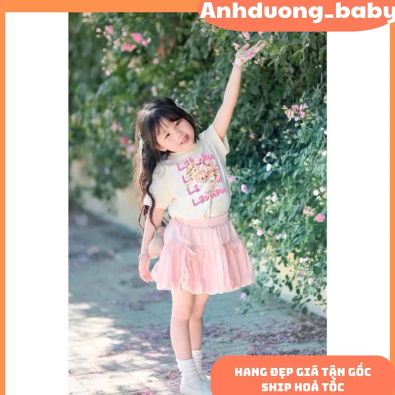 quần áo trẻ em, set áo cộc labubu váy bí đính nơ xinh xắn cho bé gái