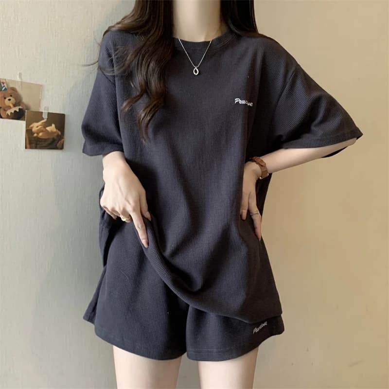 Bộ quần áo nữ cotton tổ ong PEACE LOVE, set dồ nữ mặc nhà form rộng thoáng mát bộ thể thao nữ mùa hè tay lỡ quần short