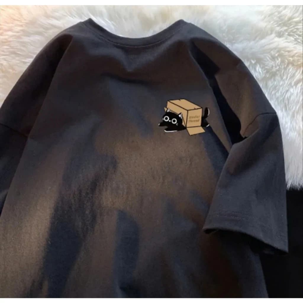 Áo thun phông nữ nam 3158 unisex from rộng to chất liệu cotton khô KONOVA in hình mèo hộp