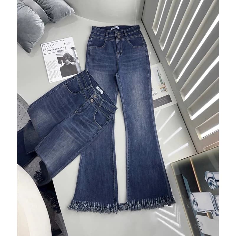 [Ảnh thật] Quần jeans nữ ống loe dài lai tua rua kiểu dài 105cm🌷KLii jeans sẵn
