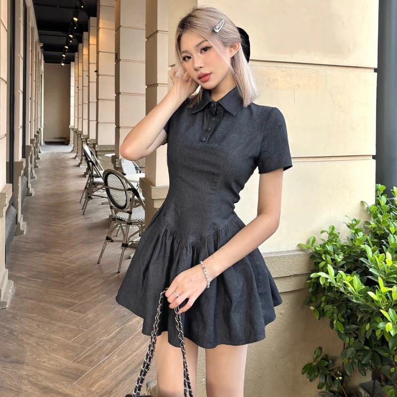[FLORUS] Đầm Sơ Mi Shinie Cổ Trụ Thiết Kế Basic Sang Trọng.