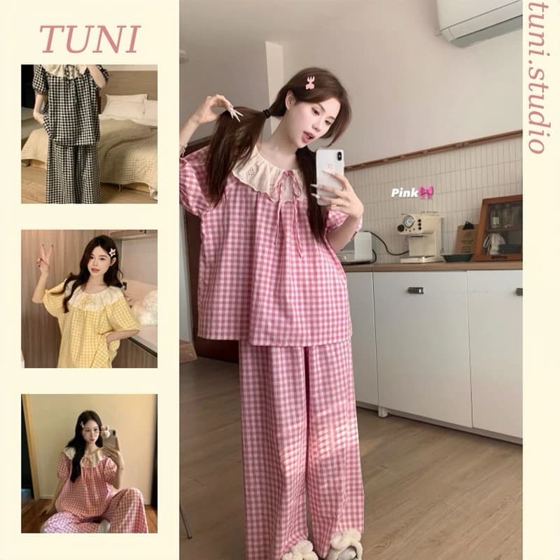 Bộ Đồ Ngủ Kẻ Caro Thắt Nơ Xinh Xắn Áo Tay Cộc Quần Dài Tuni.studio T09cd