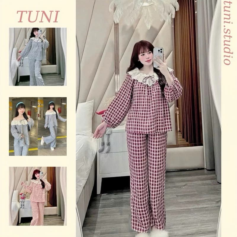 Bộ Đồ Ngủ Kẻ Caro Nhung Thắt Nơ Xinh Xắn Áo Tay Dài Quần Dài Form 65kg Tuni.studio T05caro