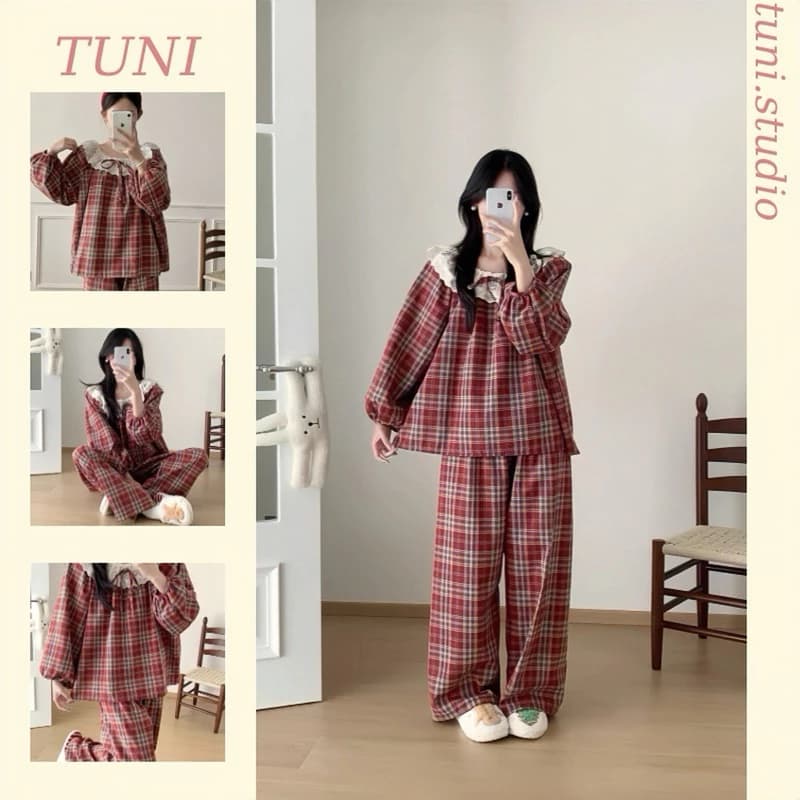 Bộ Đồ Ngủ Kẻ Sọc Đỏ Thắt Nơ Xinh Xắn Có Size 65kg Áo Tay Dài Quần Dài Nữ Women Tuni.studio T06DC