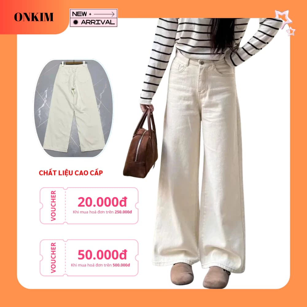 Quần bò suông be ONKIM chất jeans mềm màu vintage lưng cao tôn dáng phong cách Hàn Quốc