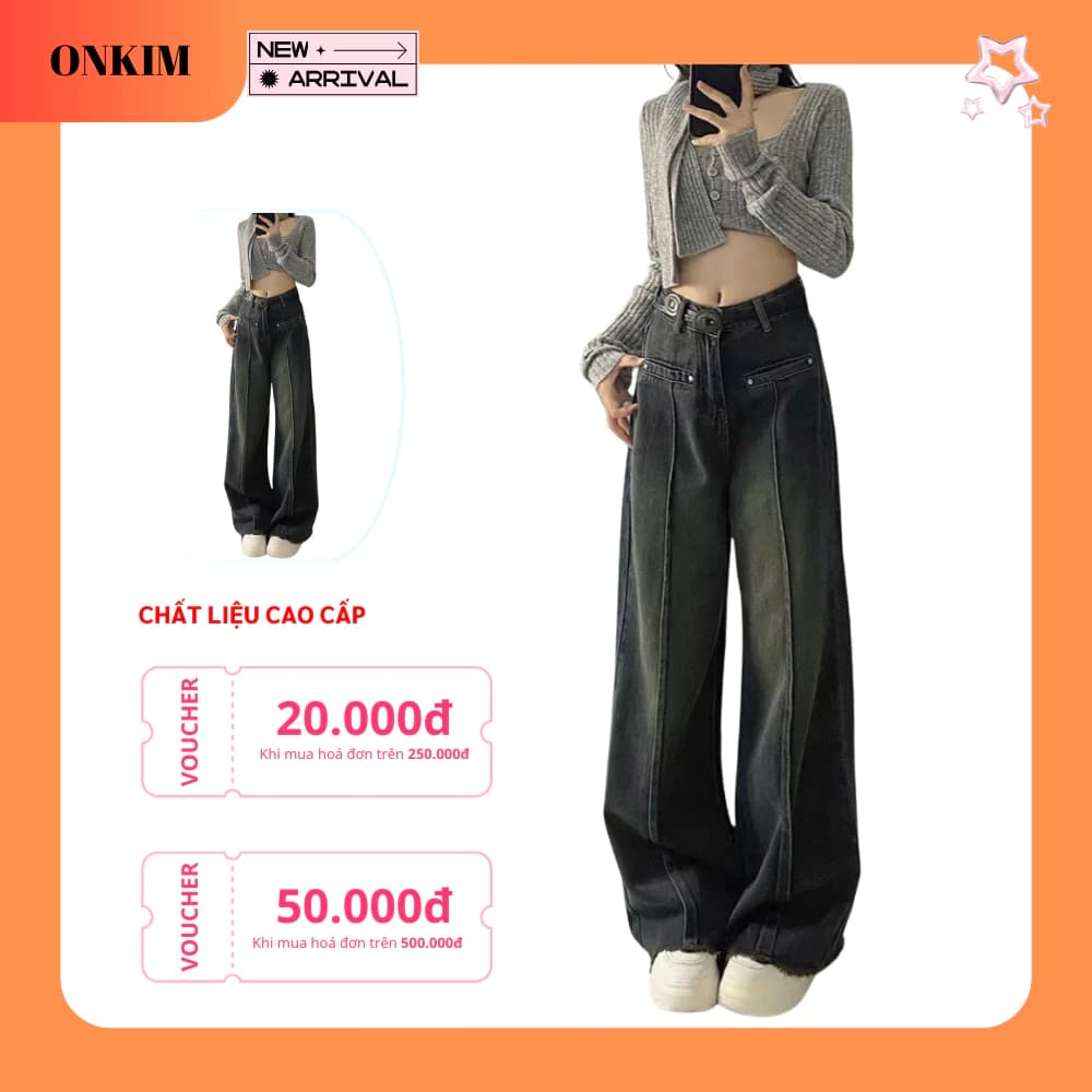 Quần jeans bò ống rộng suông ONKIM 2 túi cơi gân giữa màu mới gấu tua rua phong cách Hàn Quốc