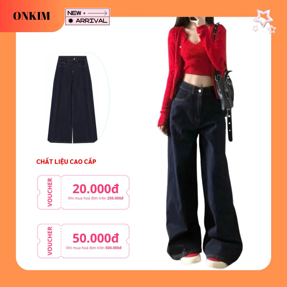 Quần jean bò ống rộng suông ONKIM lưng cao bản trơn xanh đậm phom dáng basic