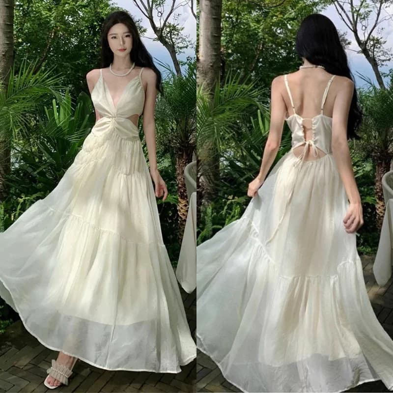 (Sẵn Mút Ngực) Váy Maxi Đi Biển Dáng Dài Xoắn Ngực Thiết Kế Hở Lưng Chiếu Eo Sexy Siêu Xinh