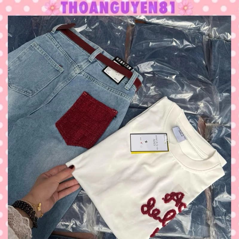 Quần Jean Ống Rộng Thiết Kế Phối Túi Đỏ Hot Trend Mới Về