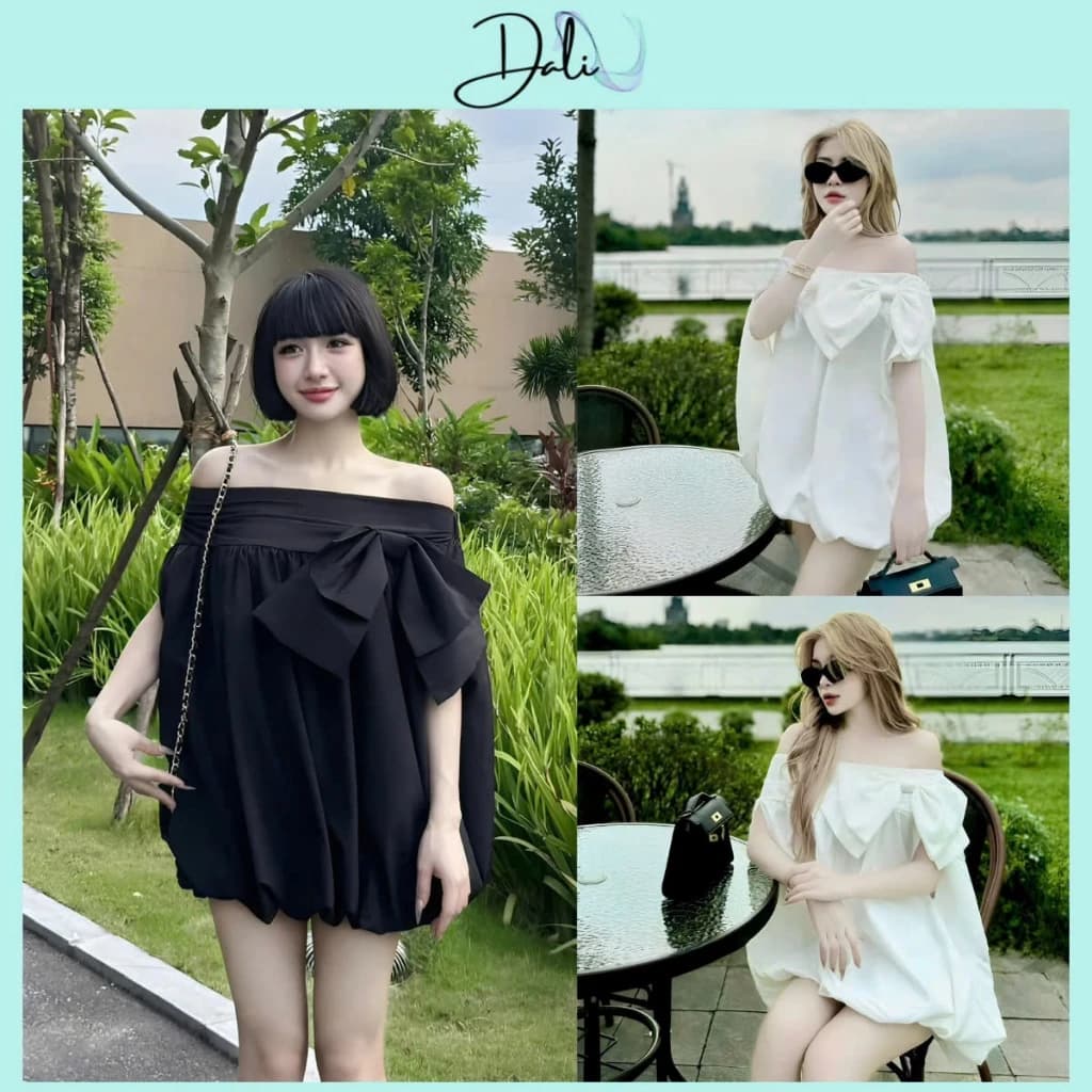 Áo Váy Babydoll Dáng Bồng Đính Nơ To Chất Liệu Thô Hàn Tặng Kèm Quần Trong