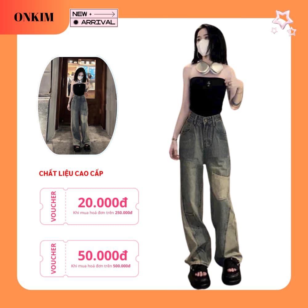 Quần jeans suông ONKIM túi gối pha màu lưng cao phong cách hiện đại