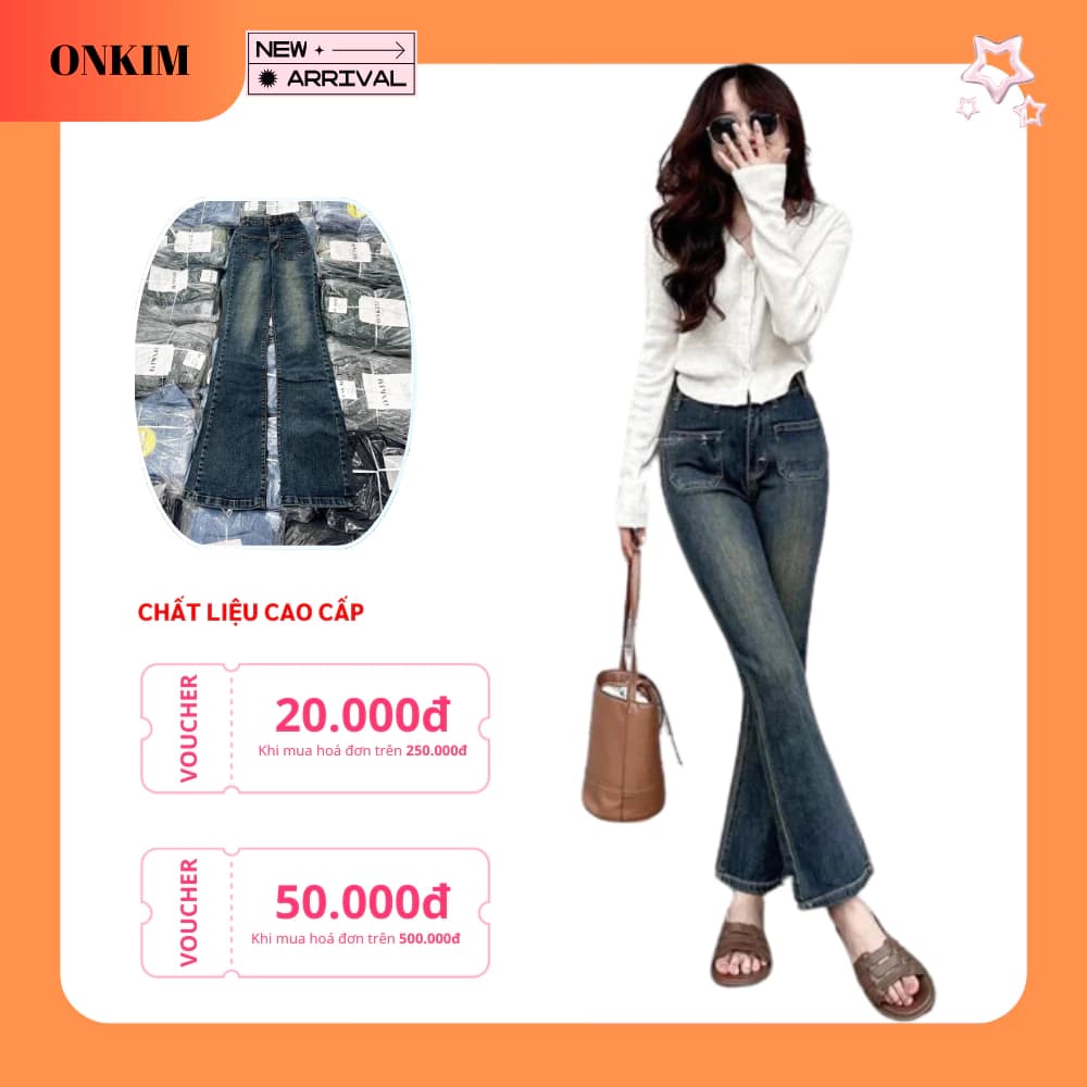 Quần jeans loe ONKIM túi trước mài đùi lưng cao có giãn kiểu dáng Hàn Quốc