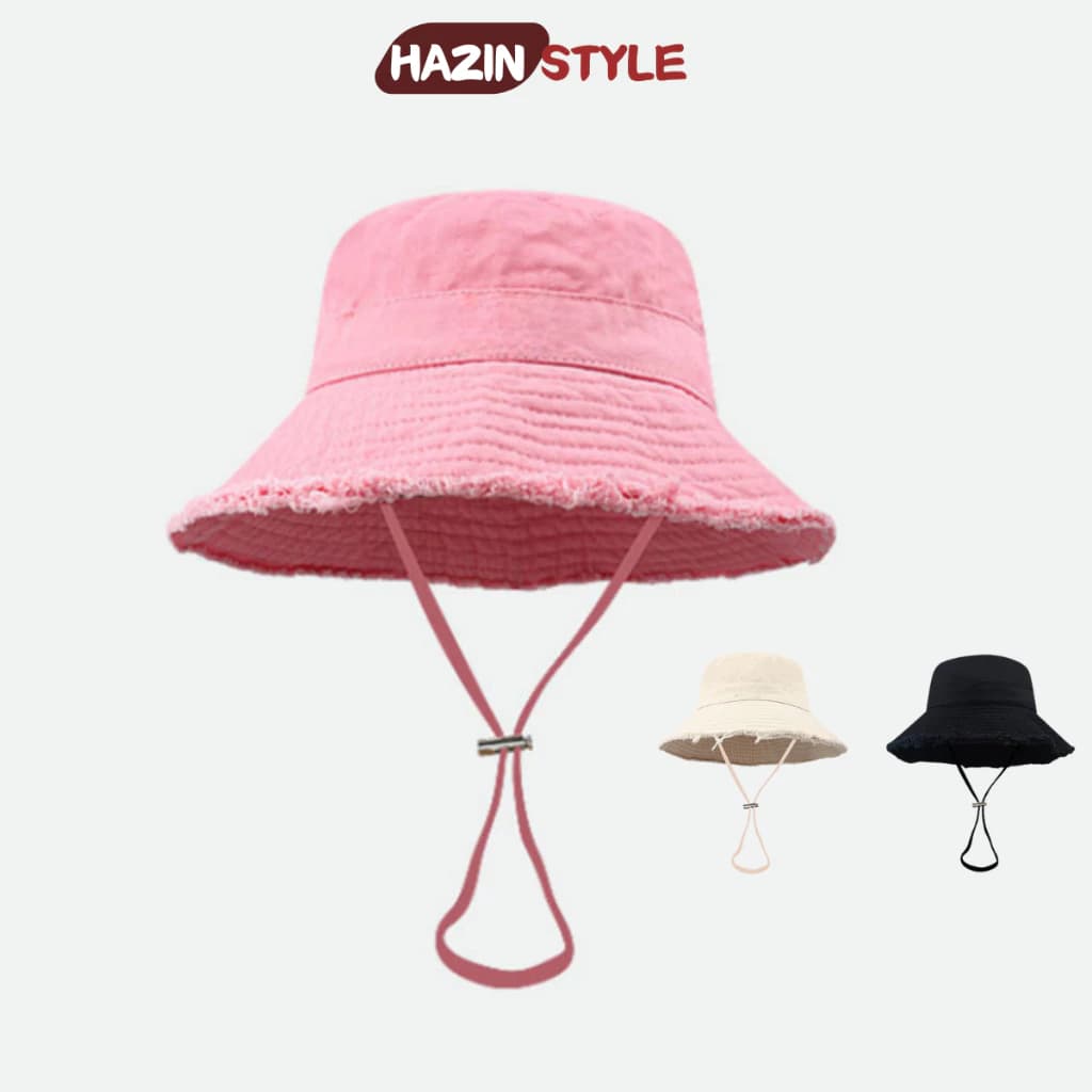 Mũ bucket tua rua HAZIN vải mềm mịn, nón tai bèo cao bồi vành rộng có dây quai điều chỉnh phong cách Hàn Quốc
