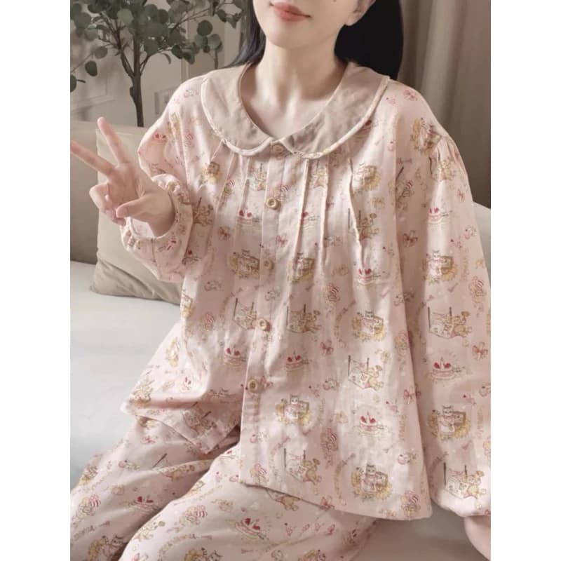 (sẵn) Bộ đồ ngủ nữ họa tiết dễ thương, phong cách retro, chất liệu mềm mại, thoáng mát
