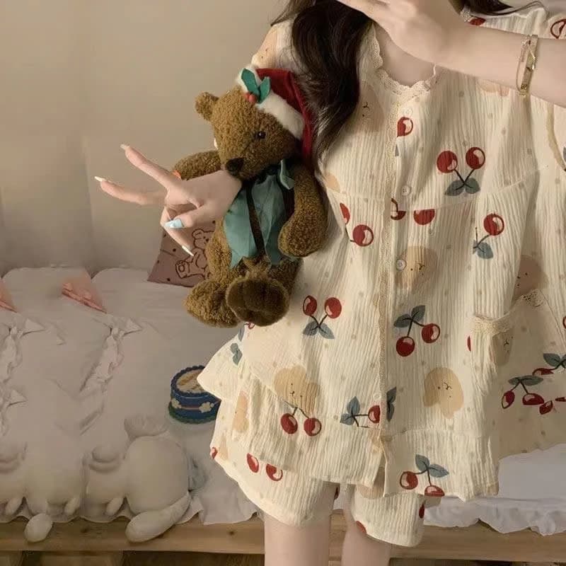 MEIQUIYI Bộ đồ nữ chất đũi ngắn mùa hè mẫu Cherry/Hoa vàng dễ thương mặc ở nhà