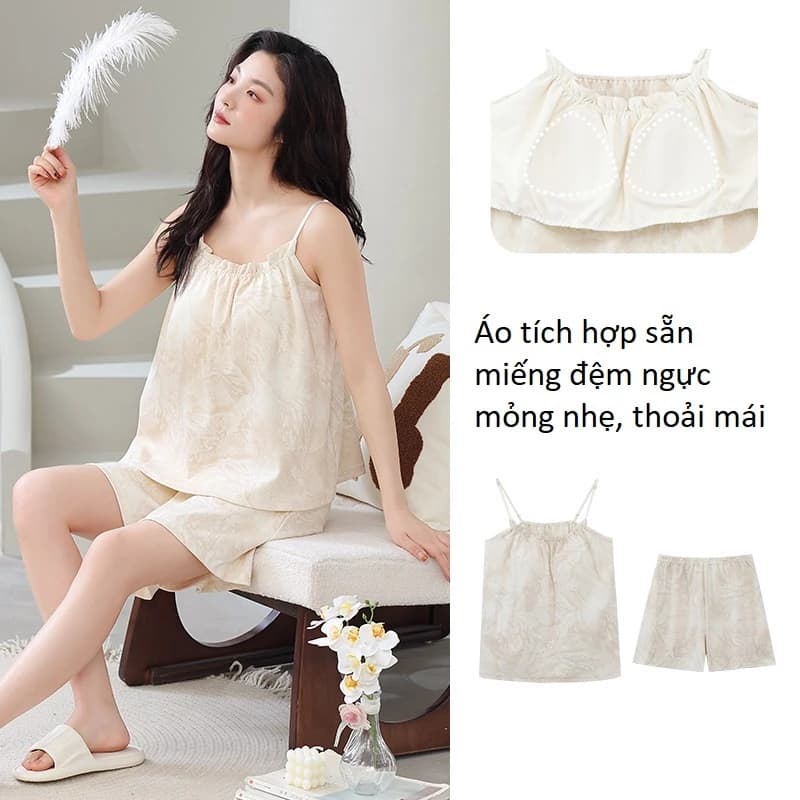 Bộ áo 2 dây quần đùi mặc nhà cho nữ vải thun cotton có sẵn đệm ngực mềm thoáng, họa tiết trẻ trung, size từ 40 đến 90 kg
