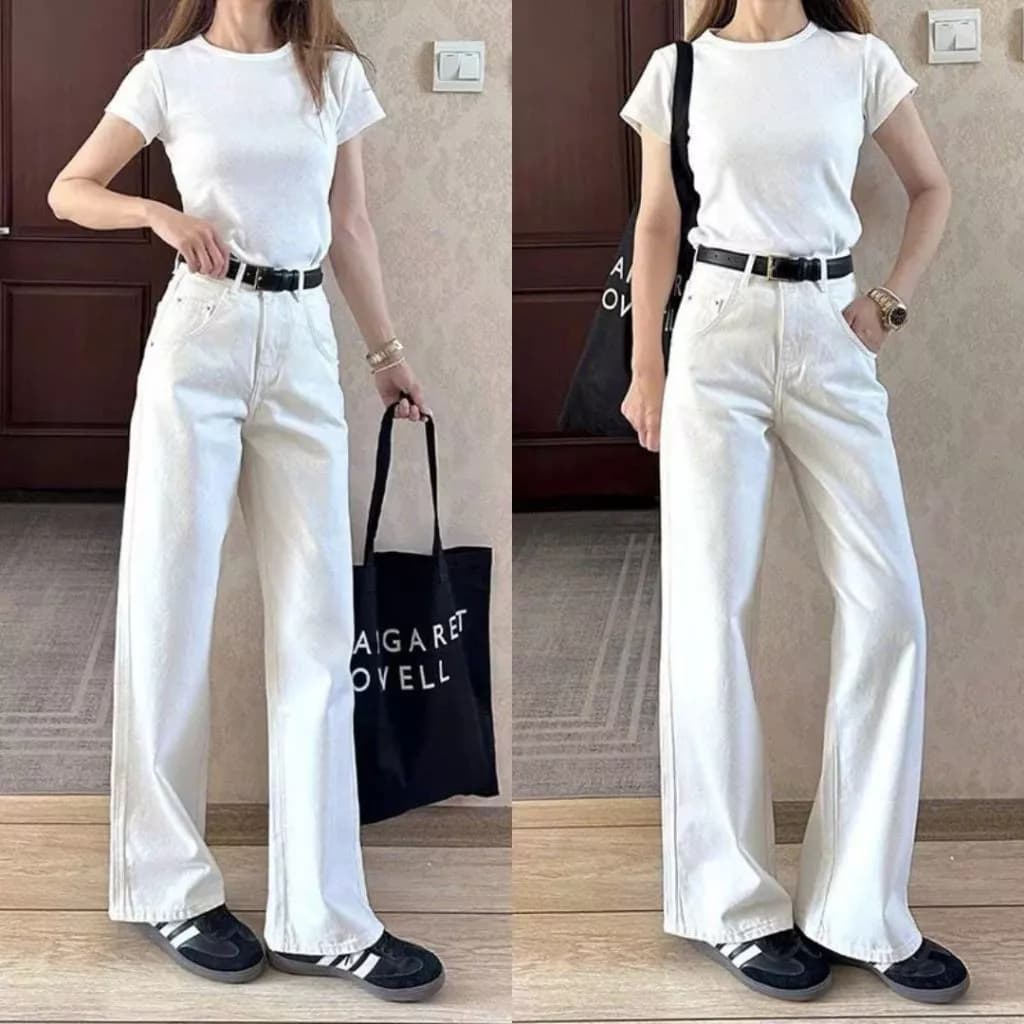 Quần jean nữ ống rộng cạp cao màu trắng trơn dáng suông Midori Shop Quần jean trắng cao cấp RR09