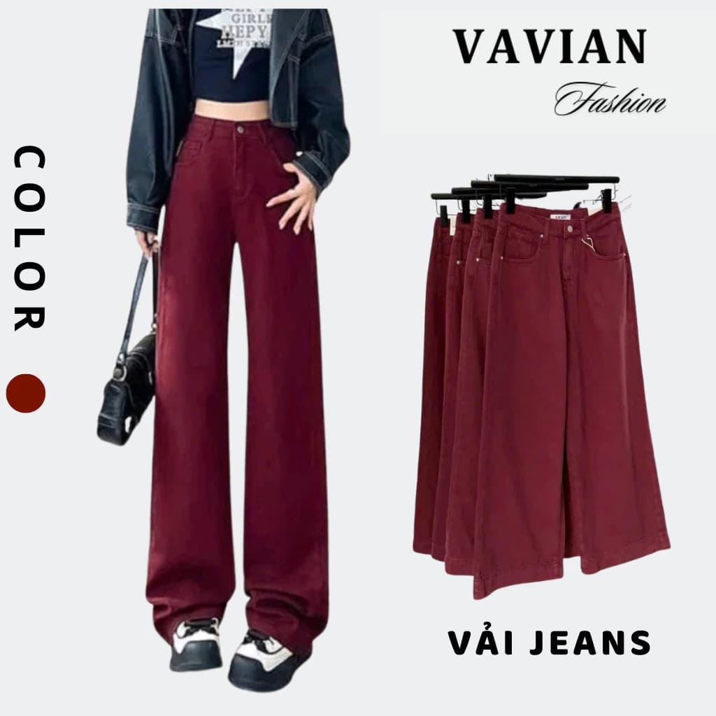 Quần Jean đỏ đô, quần jean nữ ống suông rộng màu đỏ lưng cao hack dáng New trend 2025 - Vavian Store
