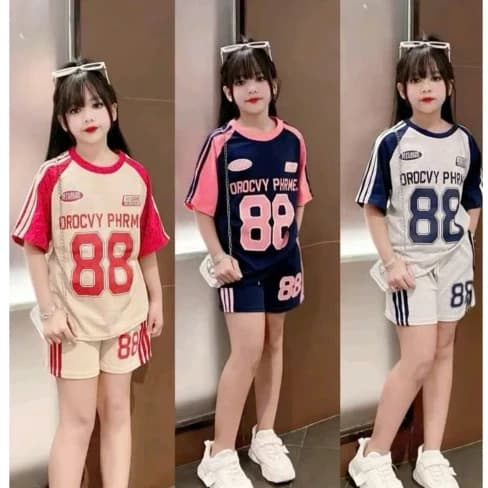 Bộ Quần Áo Thể Thao Mùa Hè Phối Sọc In Số 88 Đầy Cá Tinh Dành Cho Bé Gái 13-43kg Chất Liệu Cotton Su Thoáng Mát Mềm Mịn