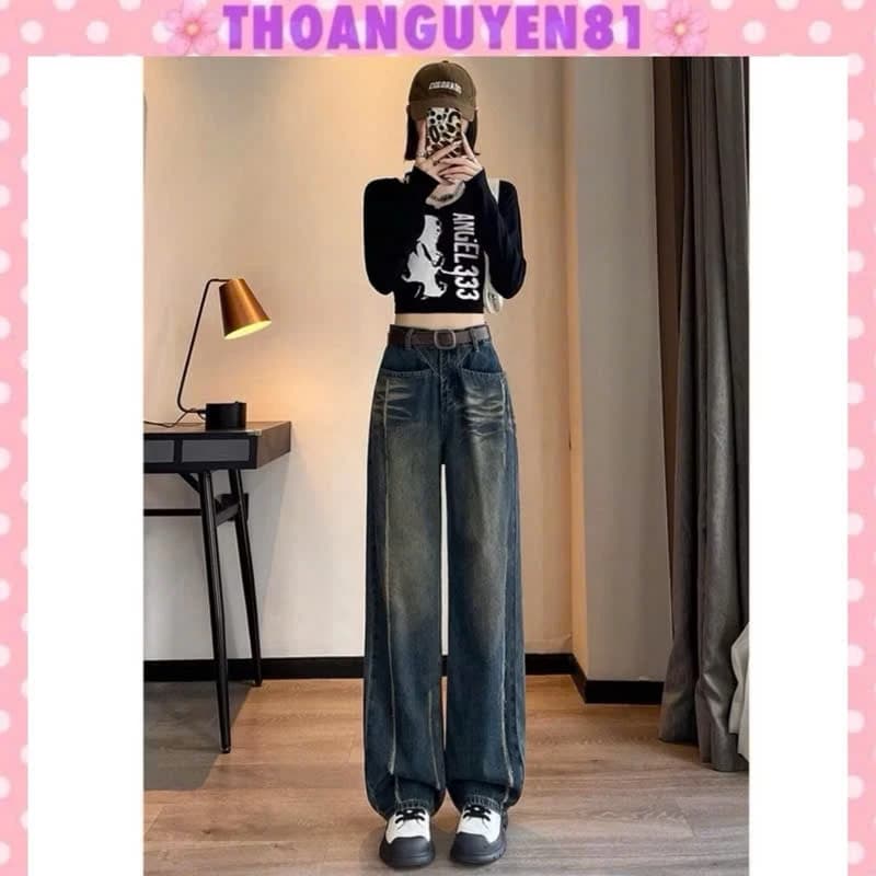 Quần jeans bò nữ ống suông rộng can chéo rách thân dài dáng suông trơn