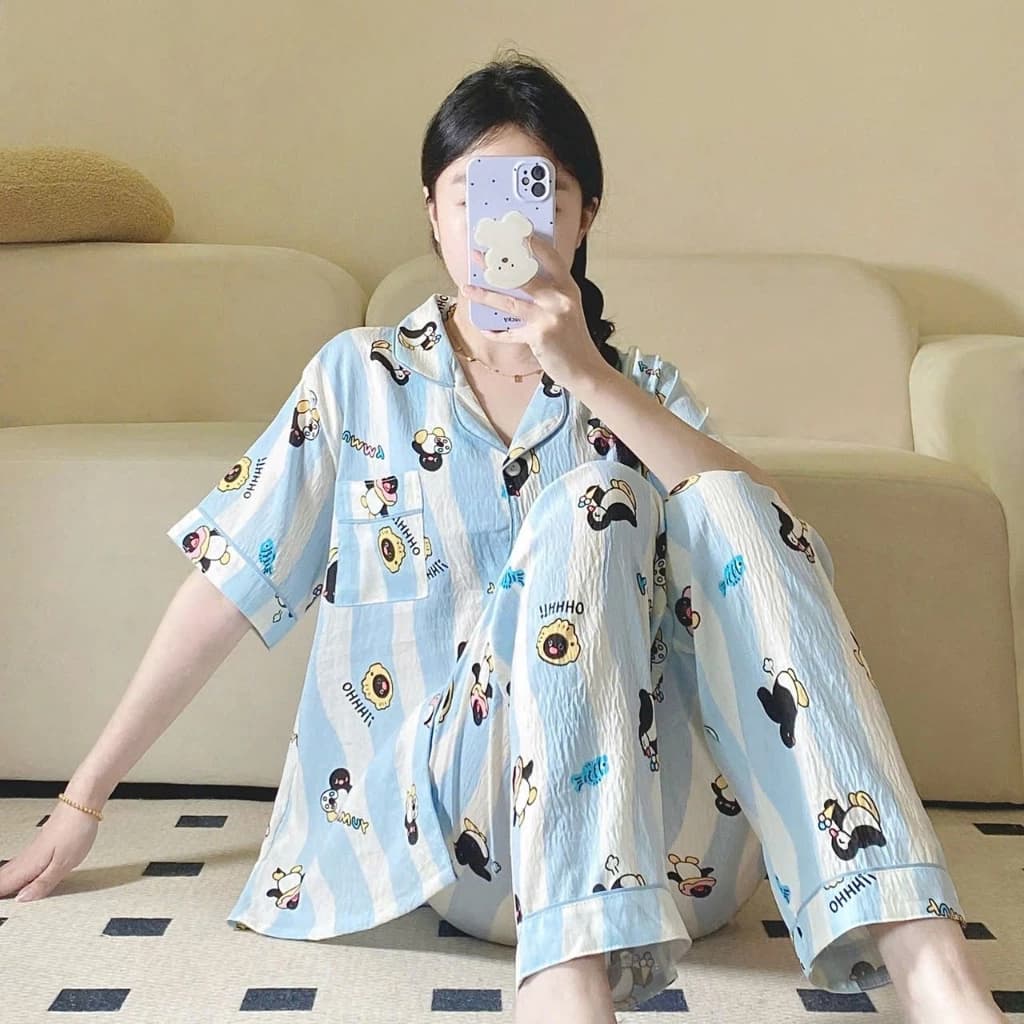 MEIQUIYI Bộ pyjama dài cộc tay cho nữ in hoạ tiết hoa lá mùa hè
