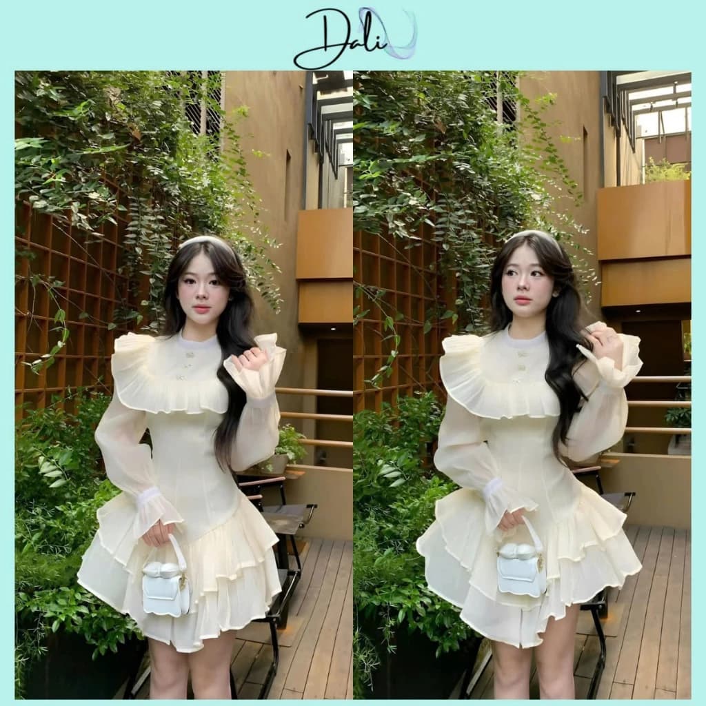 Đầm Tiểu Thư Chất Liệu Tơ Xốp Đính Ghim Nơ Đá Cổ Tròn Phối Viền Bèo Tay Bồng Xoè Tầng