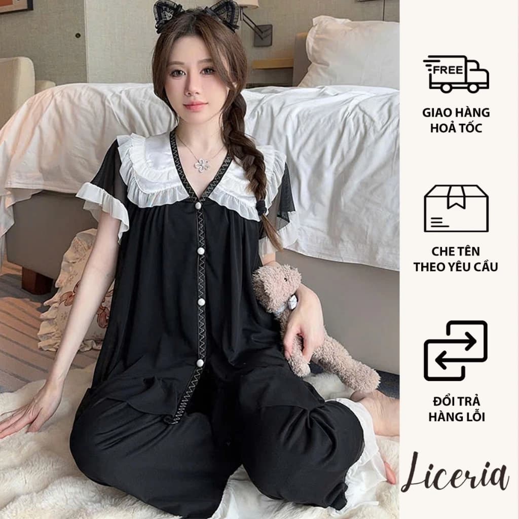 Bộ Đồ Ngủ Nữ LICERIA D3801 Quần Dáng Lửng Chất Voan Lưới Mỏng Nhẹ Phối Ren Trắng Có Đệm Ngực Mặc Ở Nhà Rất Thoải Mái