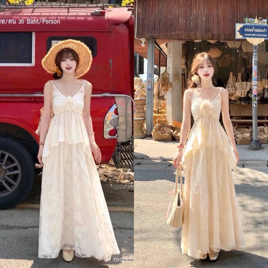 Set Áo 2 Dây Nơ Ngực Phối Chân Váy Maxi Dài Xoè, Set Đồ Nữ Đi Biển, Đi Chơi Du Lịch 2s Sang Chảnh Nữ Tính Cho Nàng- MP
