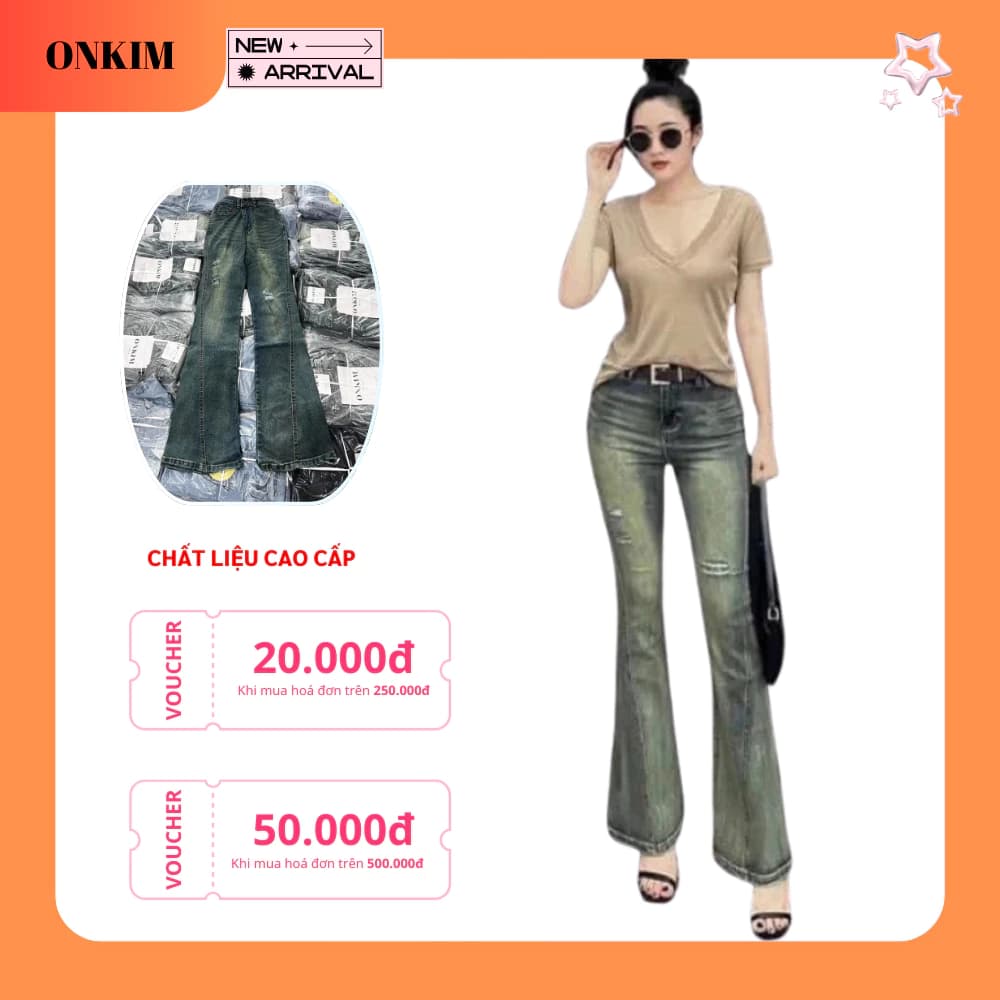 Quần jeans loe ONKIM gân giữa rách đùi lưng cao co giãn màu rêu khói hot trend