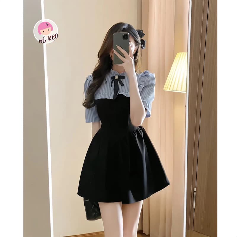 Váy sơ mi kẻ tay ngắn dáng xòe kèm nơ tiểu thư xixeoshop - V56
