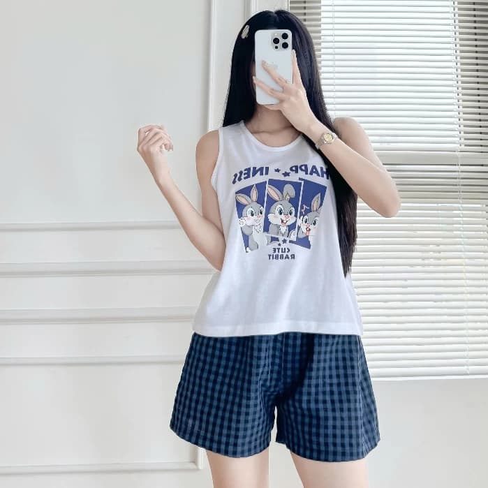 Sét Ba lỗ nữ cotton quần đùi caro đũi menina_Studio, sét hè cho nữ áo ba lỗ lửng cotton mix đùi kẻ caro xốp cao cấp